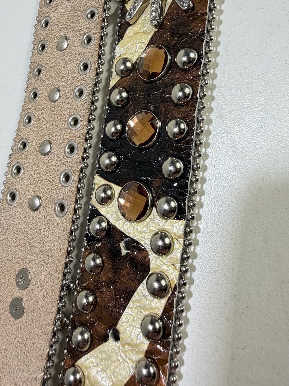 West Star Texas Large Leather Rhinestone Western Belt Brown Cream Bling - Picture 9 of 13